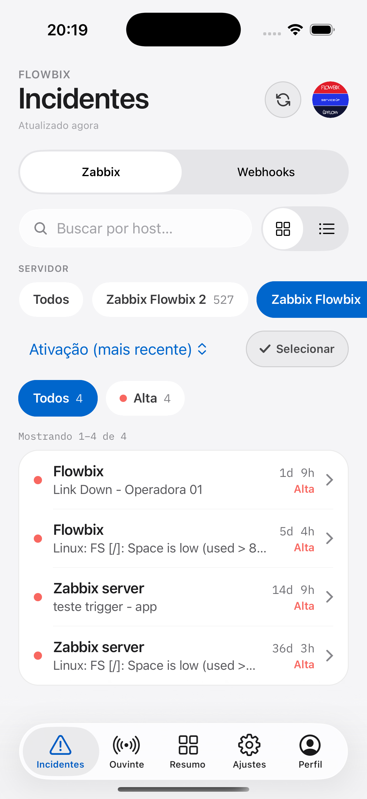 Tela de Incidentes do aplicativo Flowbix