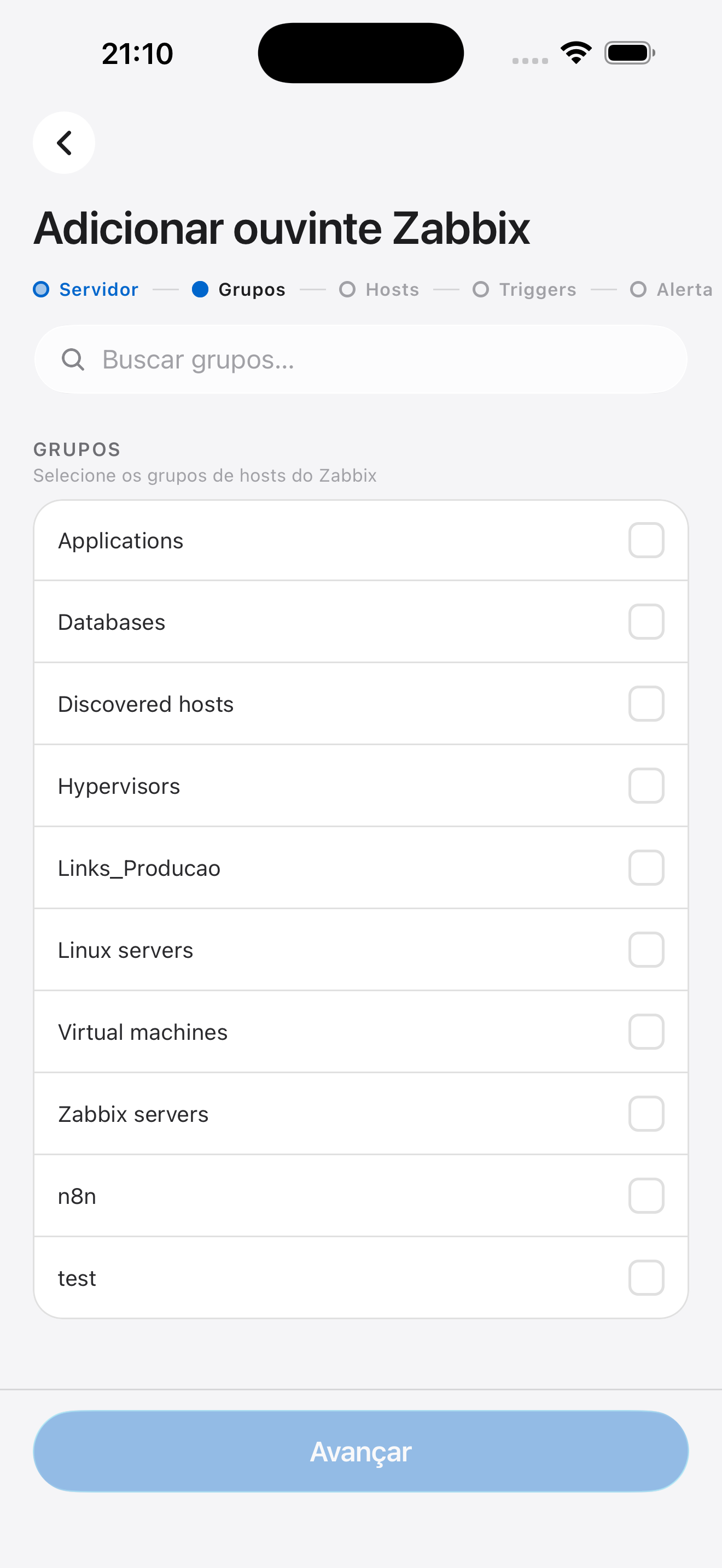 Wizard — seleção de grupos de hosts