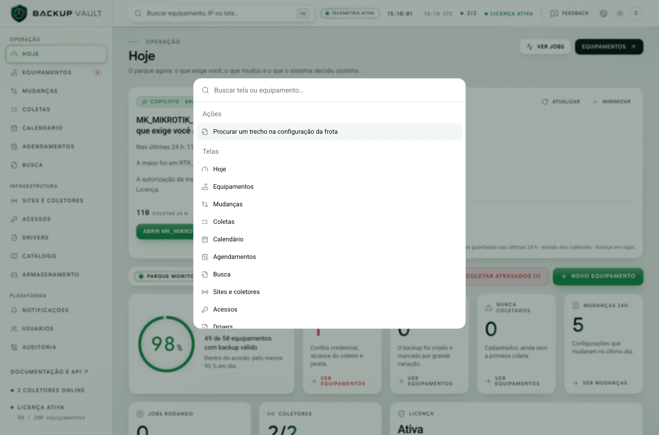Backup Vault · Busca rápida (⌘K) · Menu de busca
