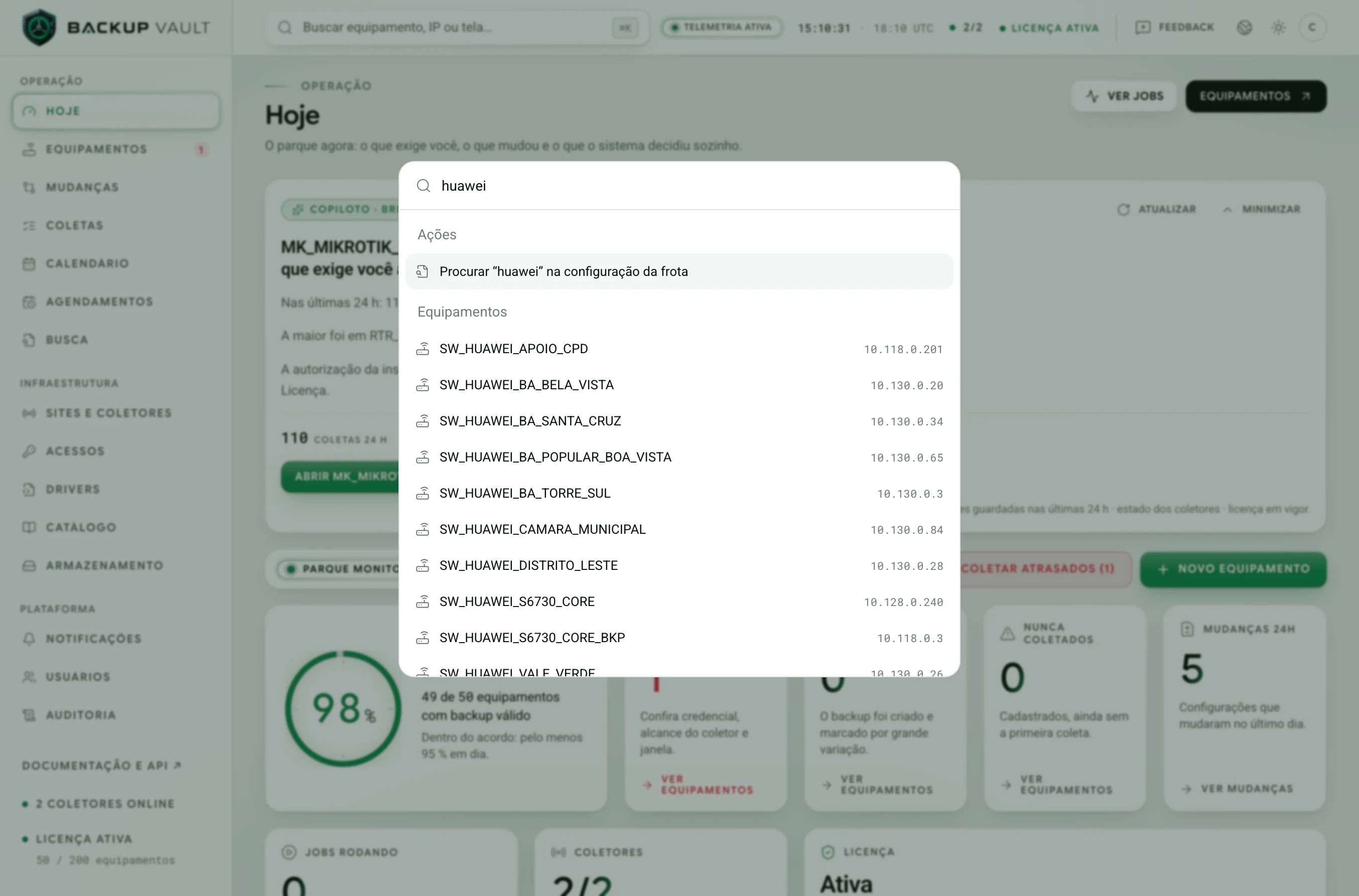 Backup Vault · Busca rápida (⌘K) · Resultados: huawei