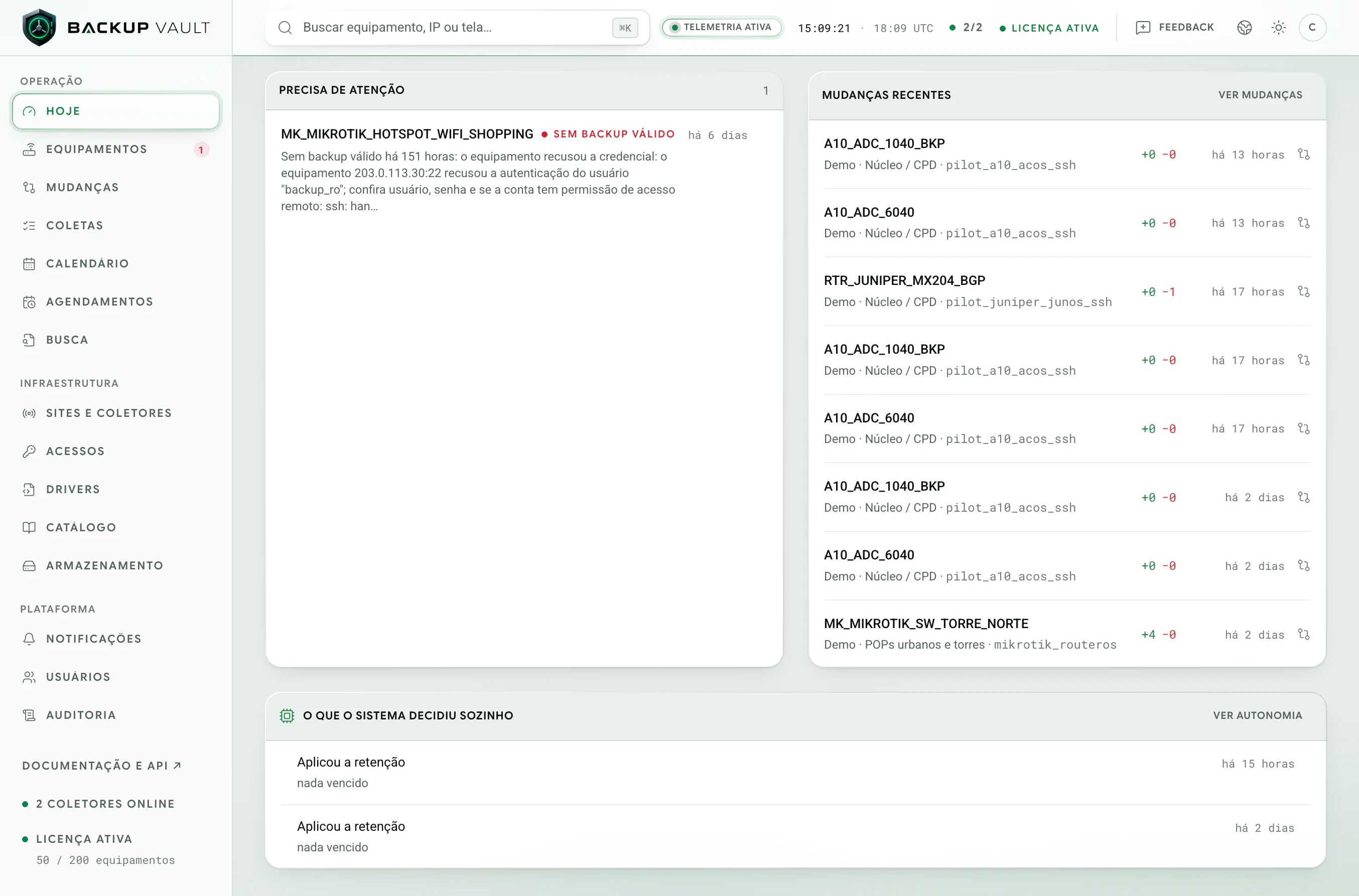 Backup Vault · Hoje · Atenção e mudanças