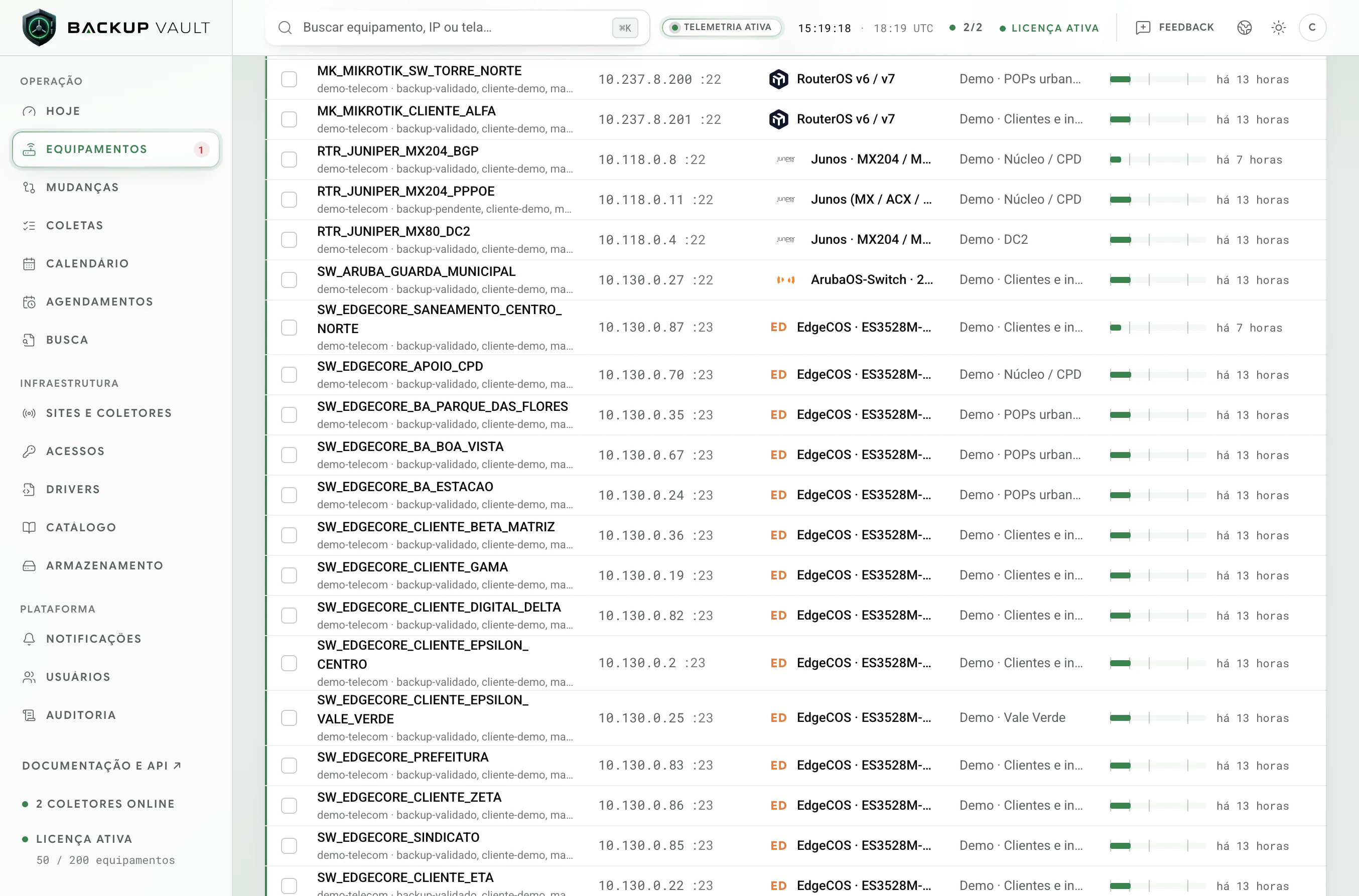 Backup Vault · Equipamentos · Fabricantes