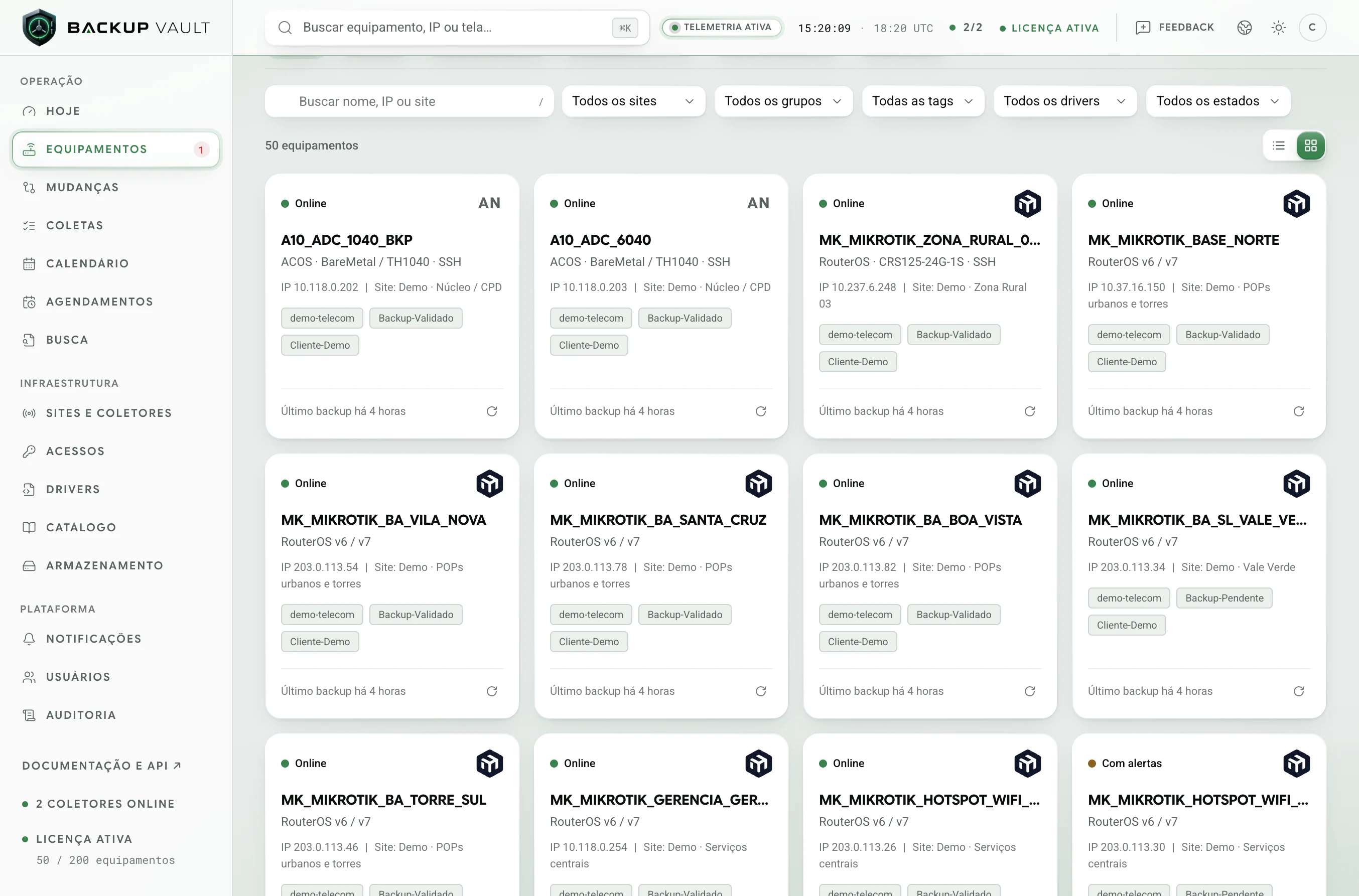 Backup Vault · Equipamentos · Visão em cards