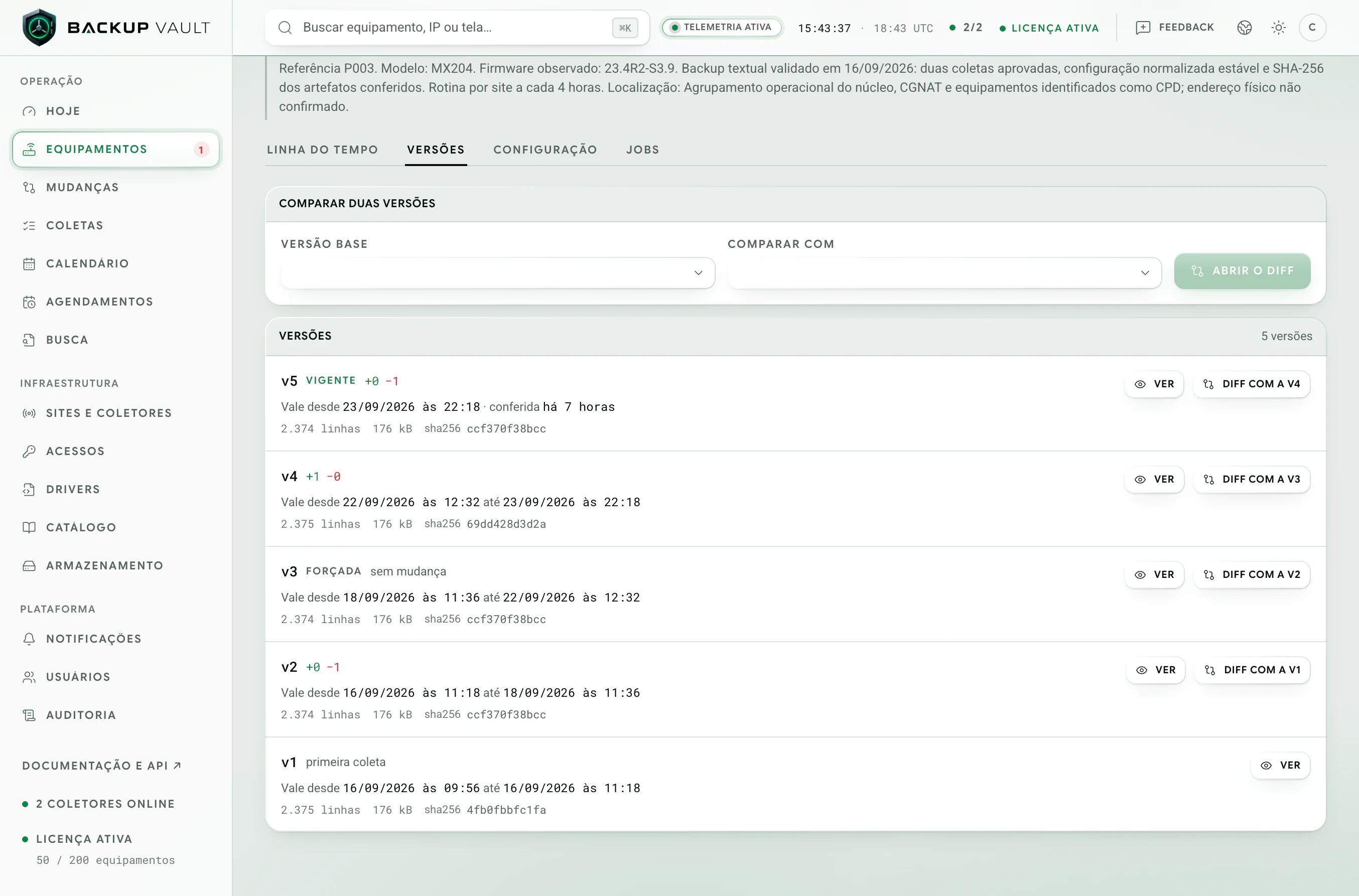 Backup Vault · Equipamento · Versões