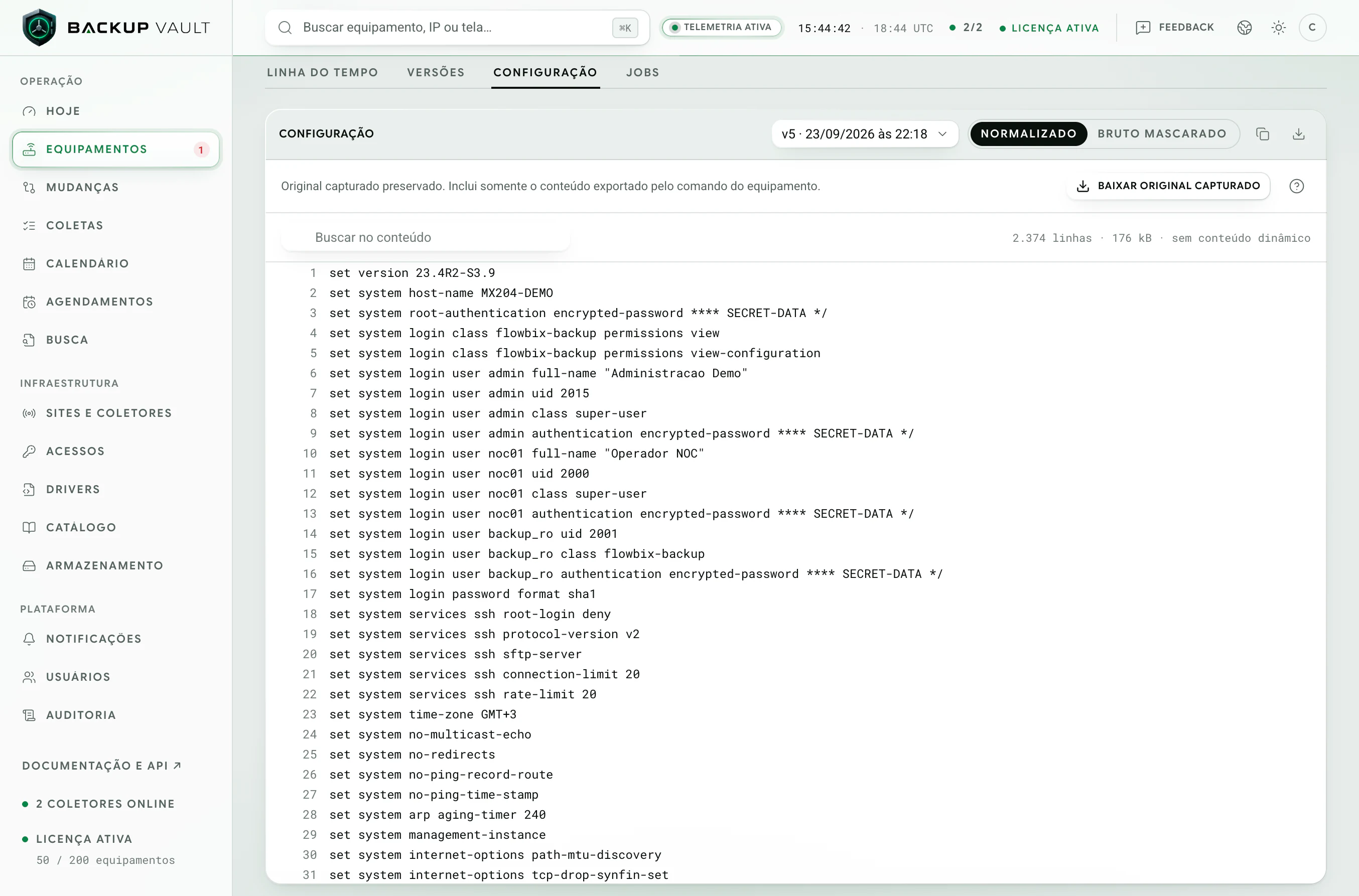 Backup Vault · Equipamento · Configuração