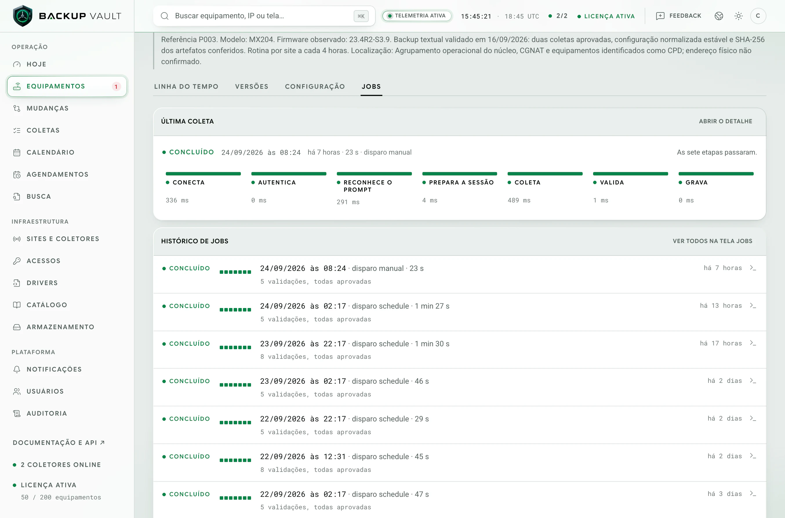 Backup Vault · Equipamento · Jobs