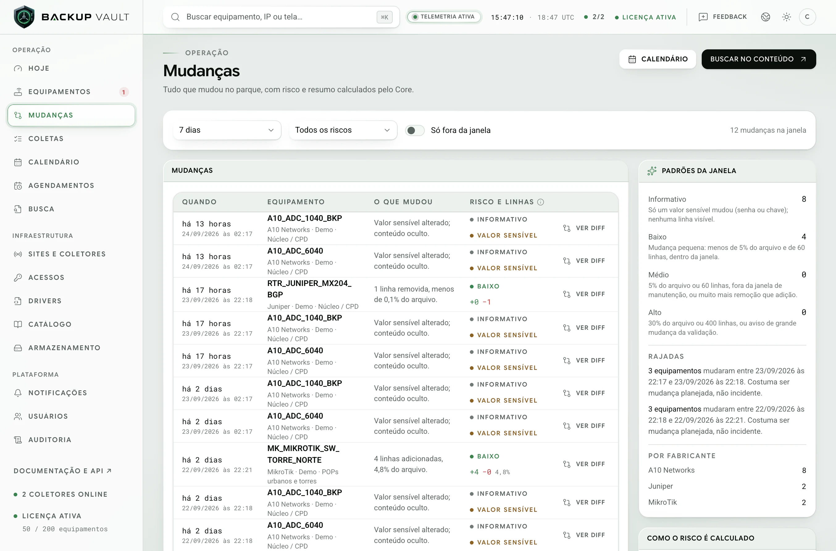Backup Vault · Mudanças · Lista com risco