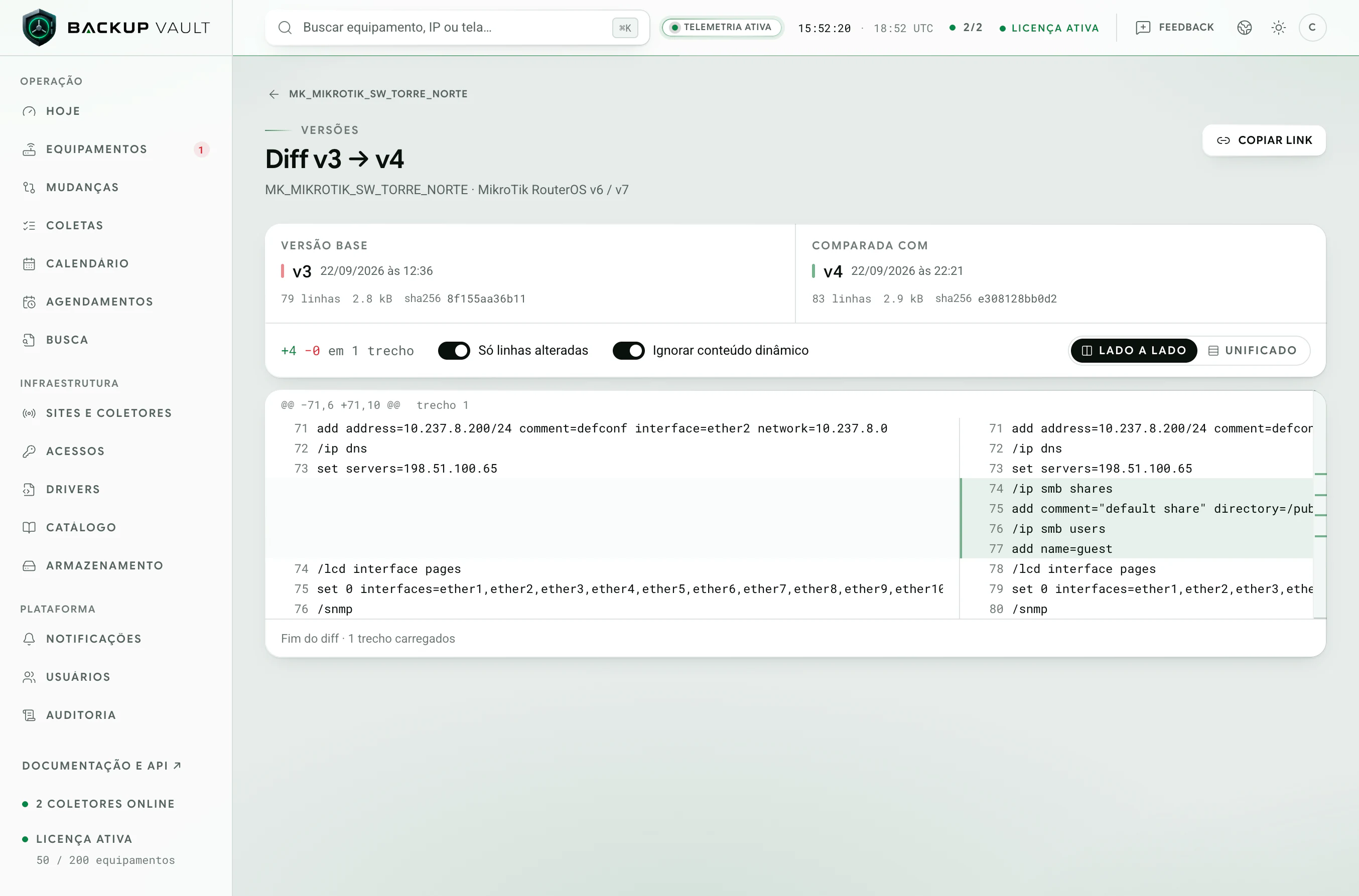 Backup Vault · Mudanças · Diff lado a lado