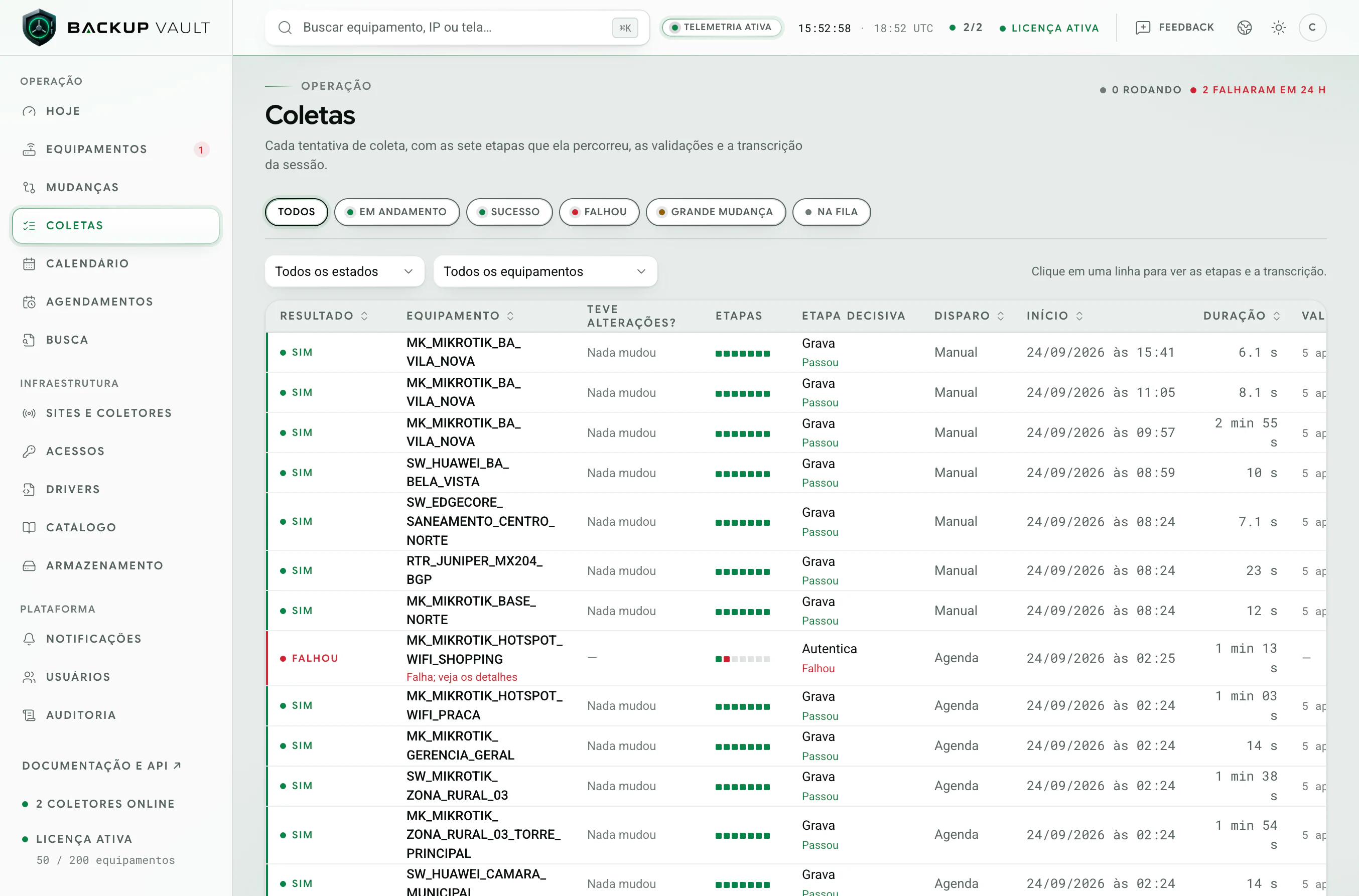 Backup Vault · Coletas · Fila de coletas