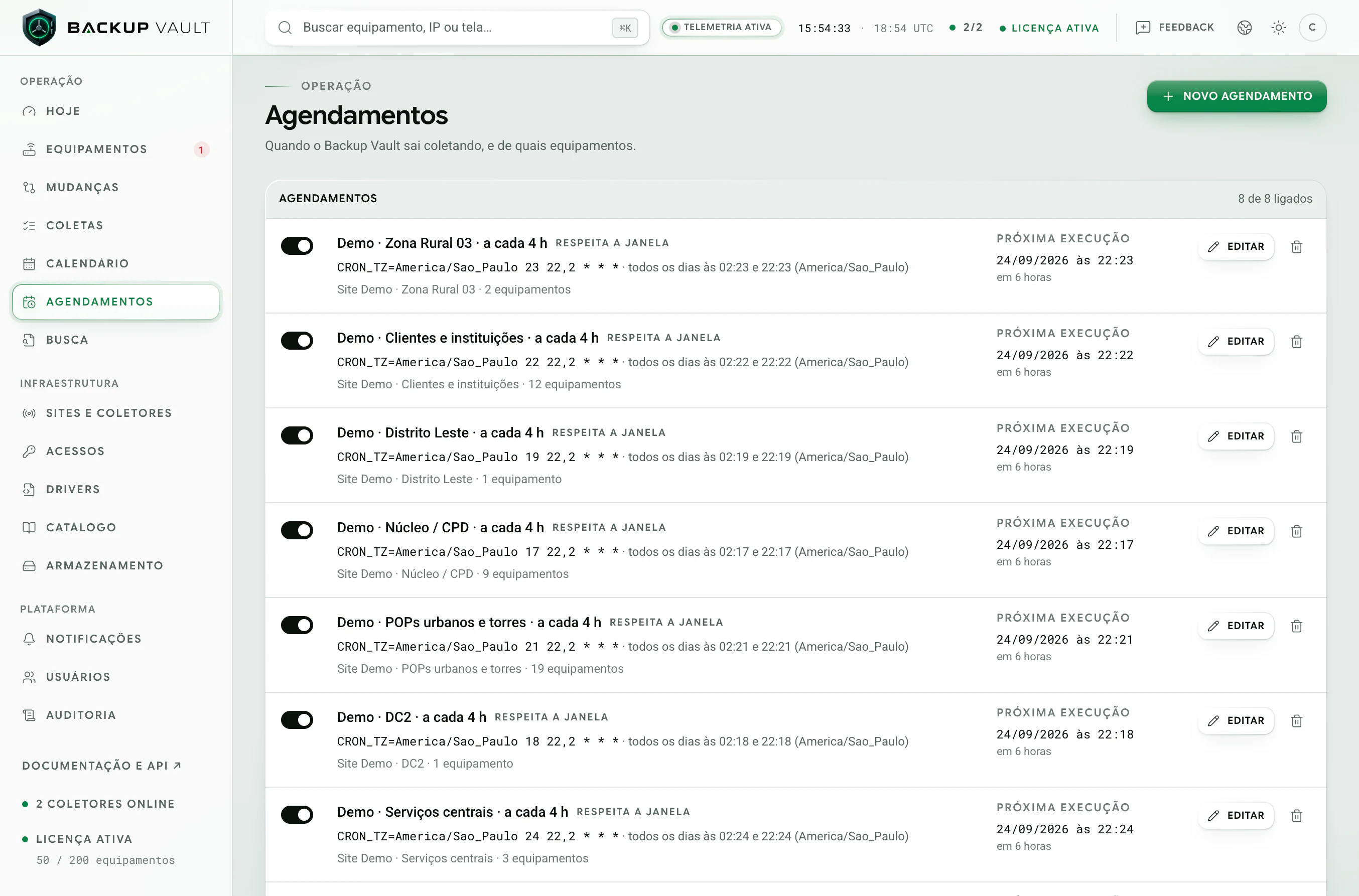 Backup Vault · Agendamentos · Regras por site