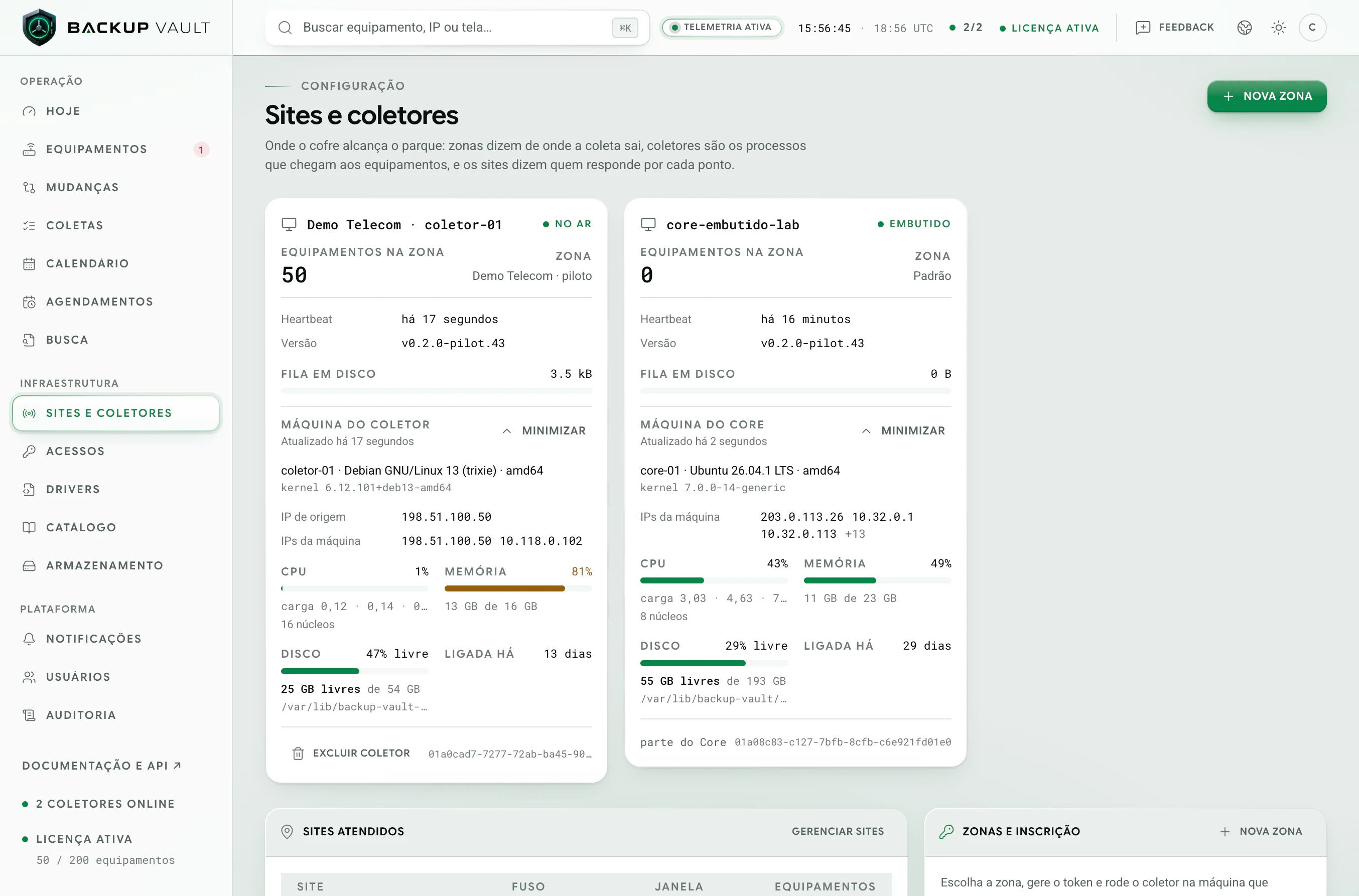 Backup Vault · Sites e coletores · Coletores e zonas