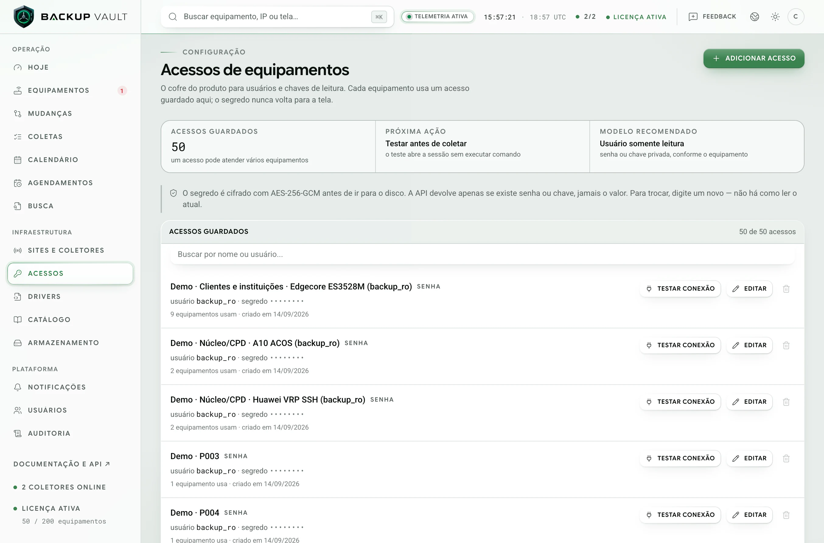 Backup Vault · Acessos de equipamentos · Cofre de credenciais