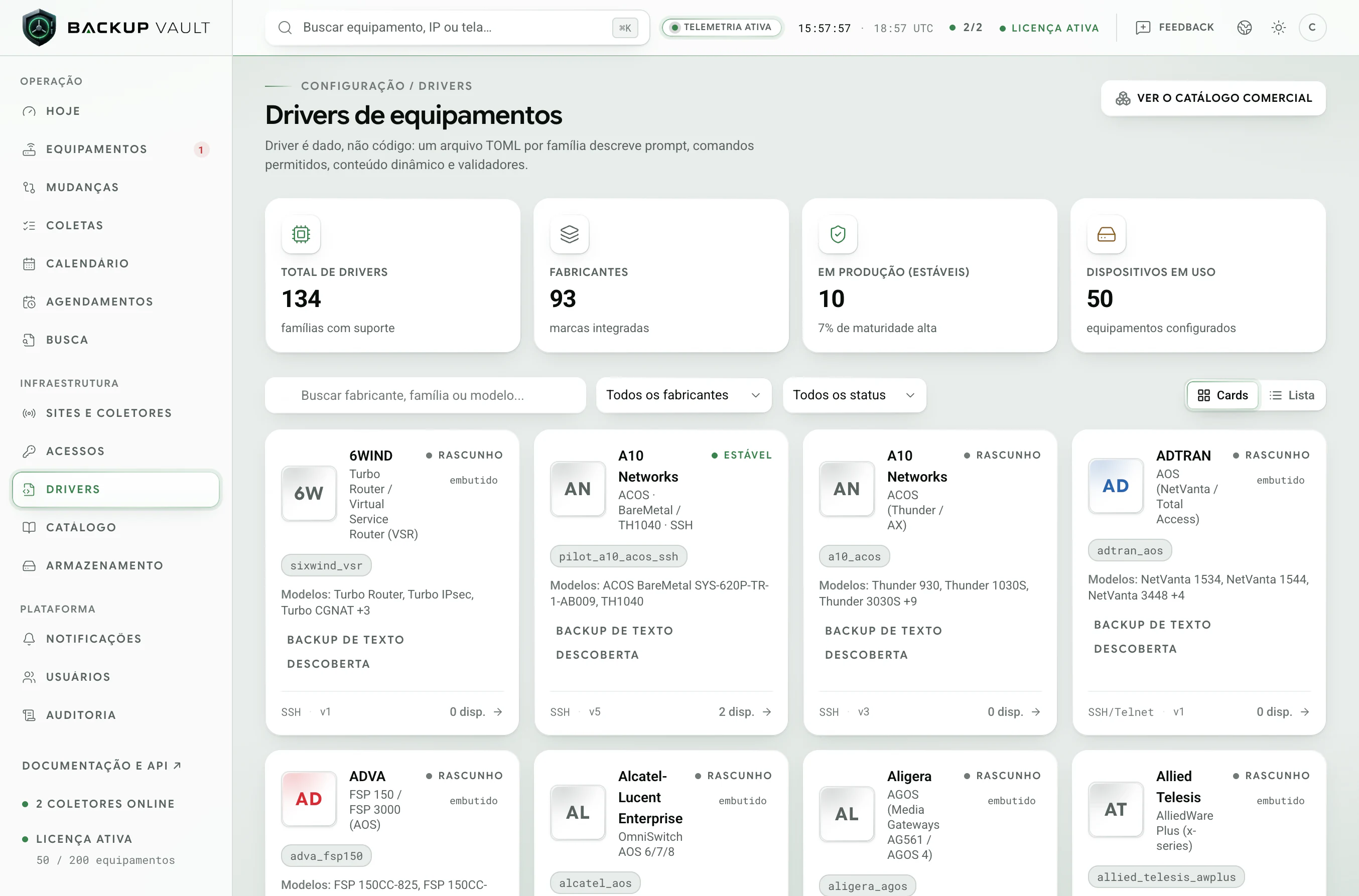 Backup Vault · Drivers de equipamentos · Drivers em cards