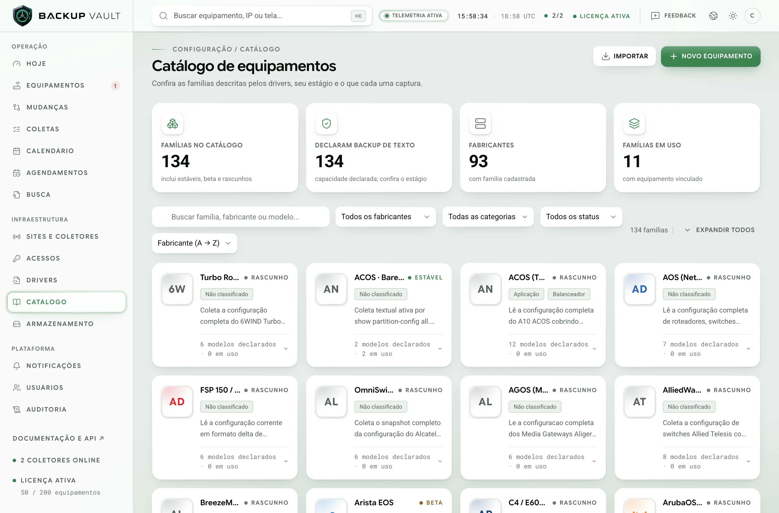 Backup Vault · Catálogo de equipamentos · Fichas por família