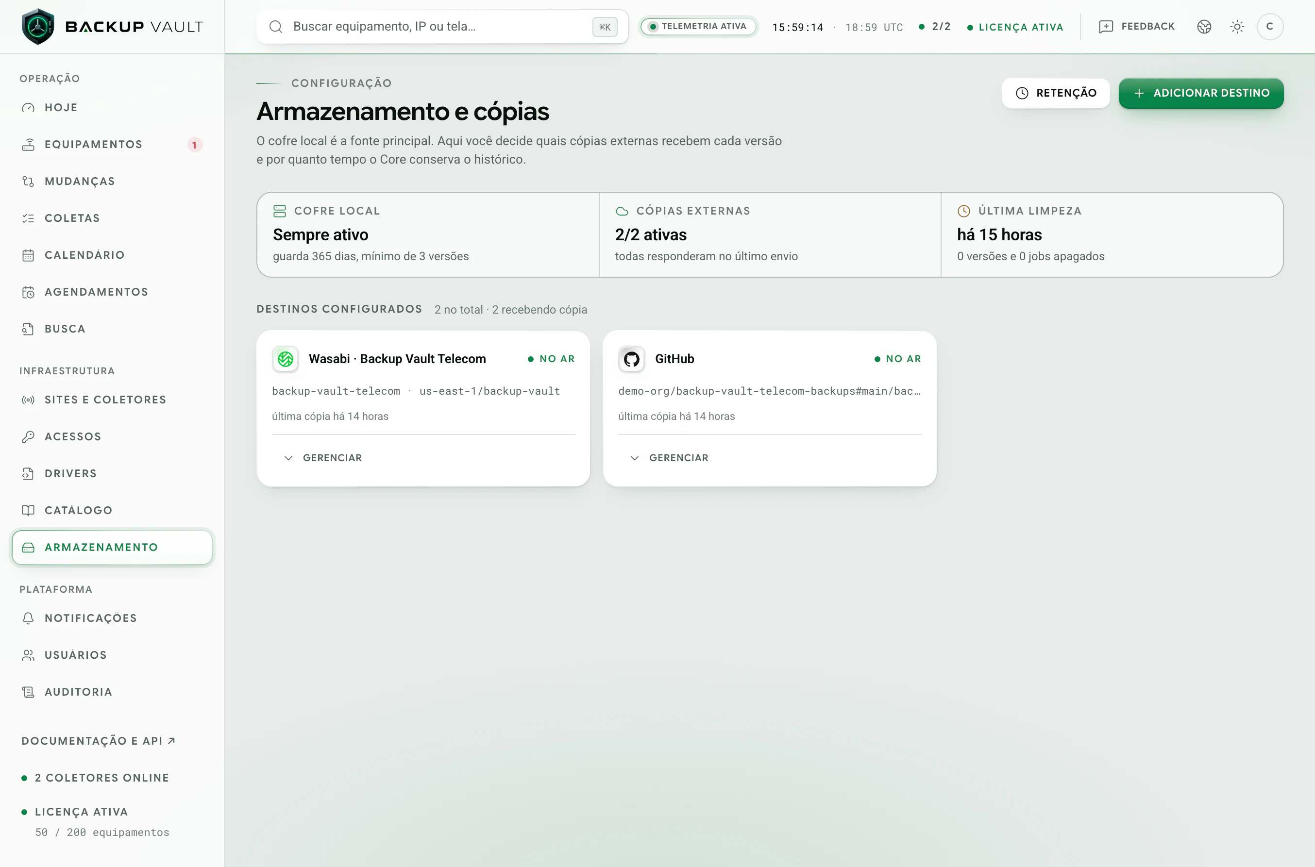 Backup Vault · Armazenamento e cópias · Cofre e destinos
