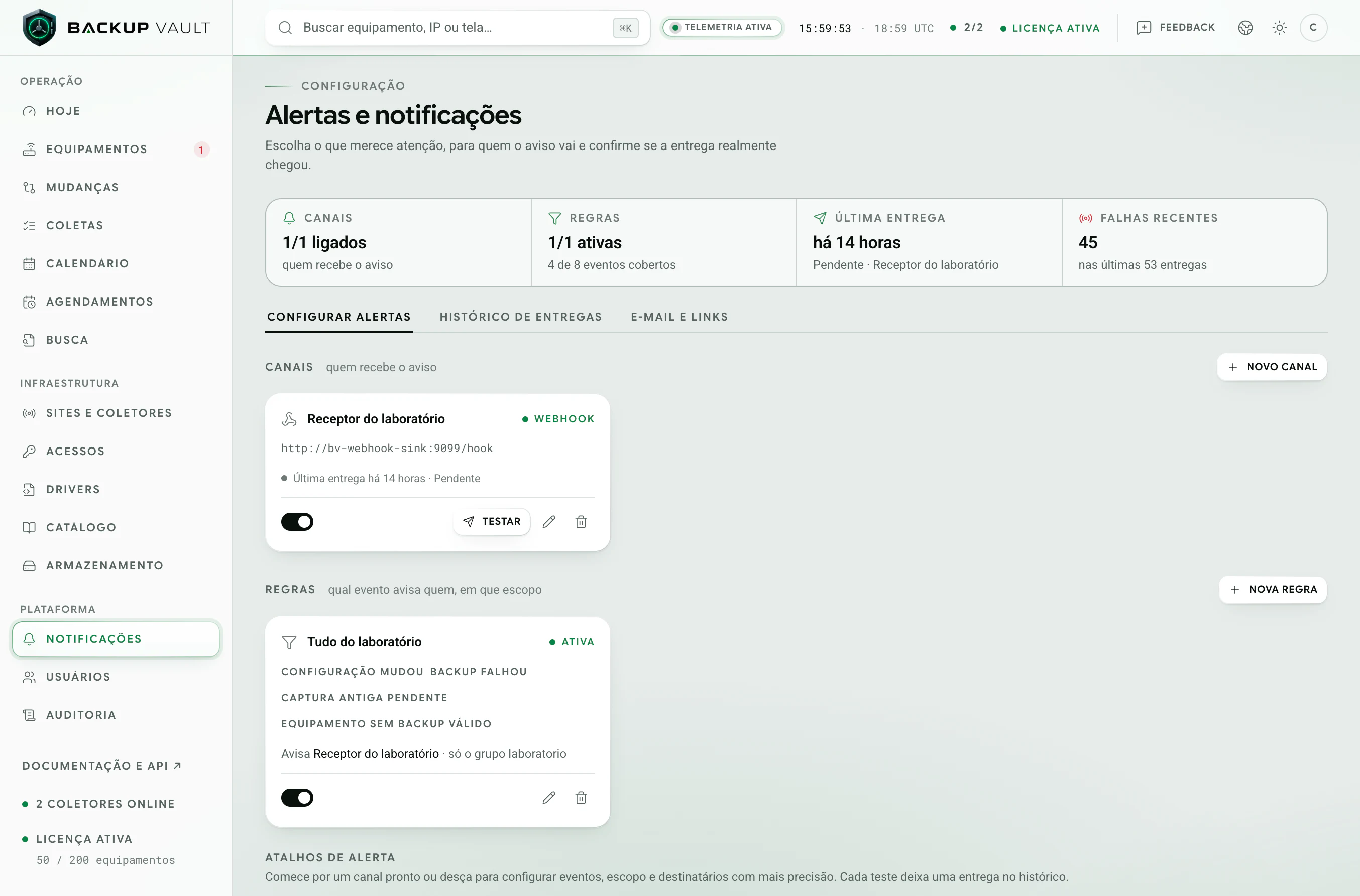 Backup Vault · Alertas e notificações · Canais e regras