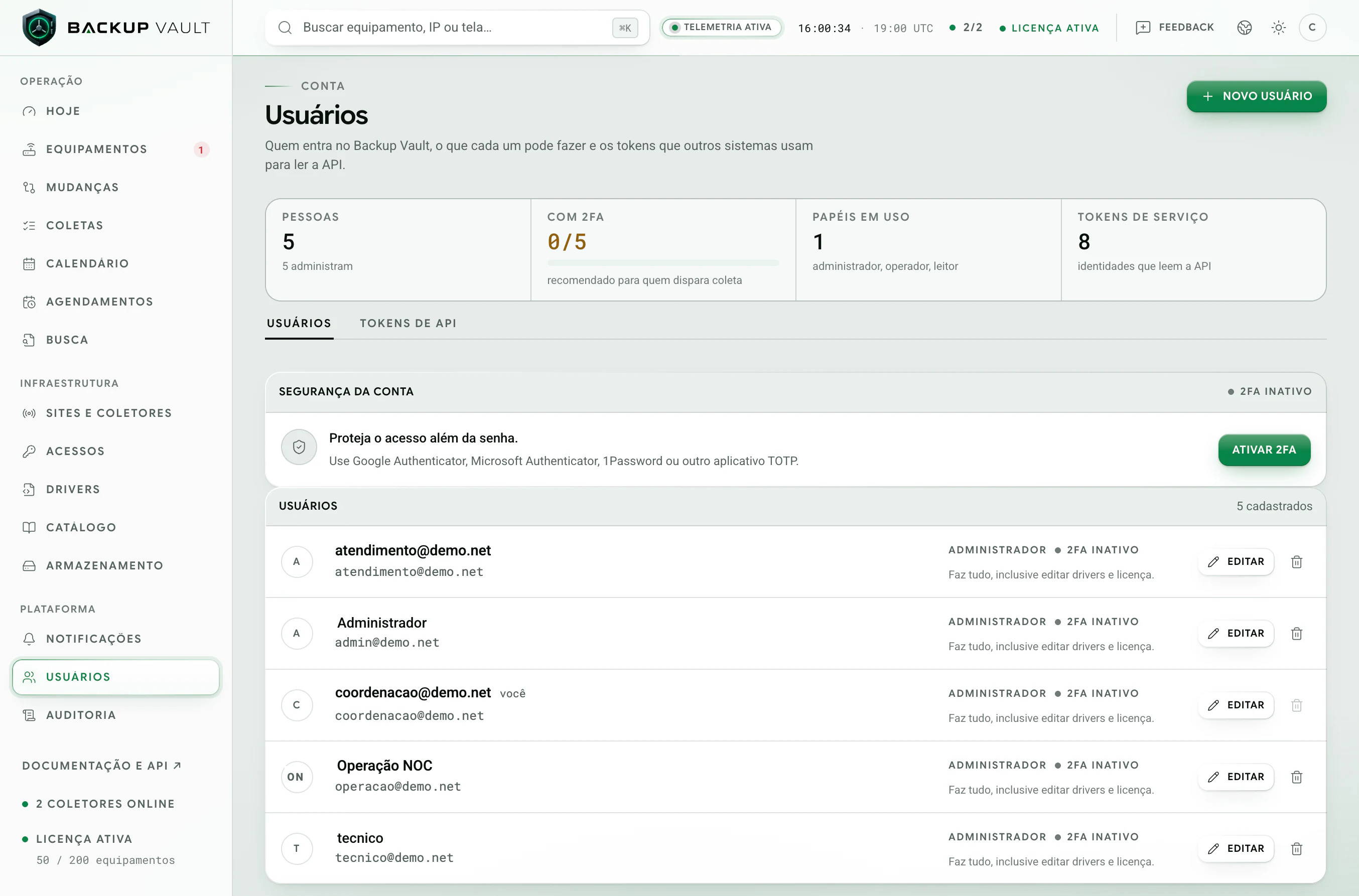 Backup Vault · Usuários · Usuários e papéis