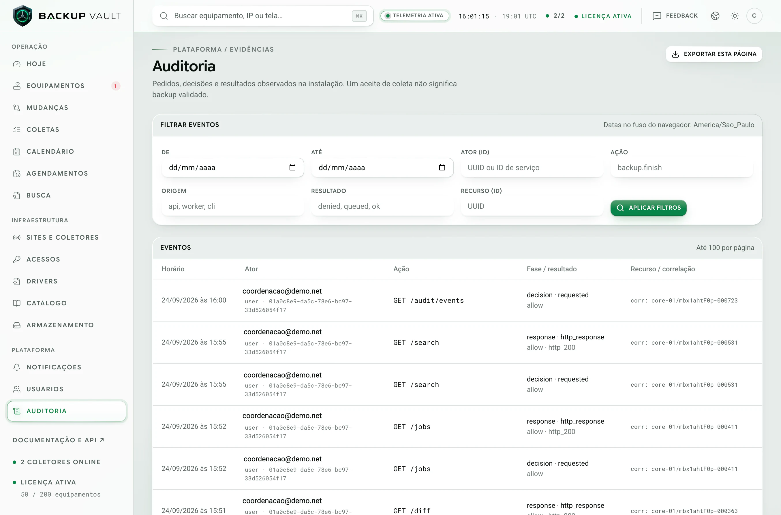 Backup Vault · Auditoria · Trilha de eventos