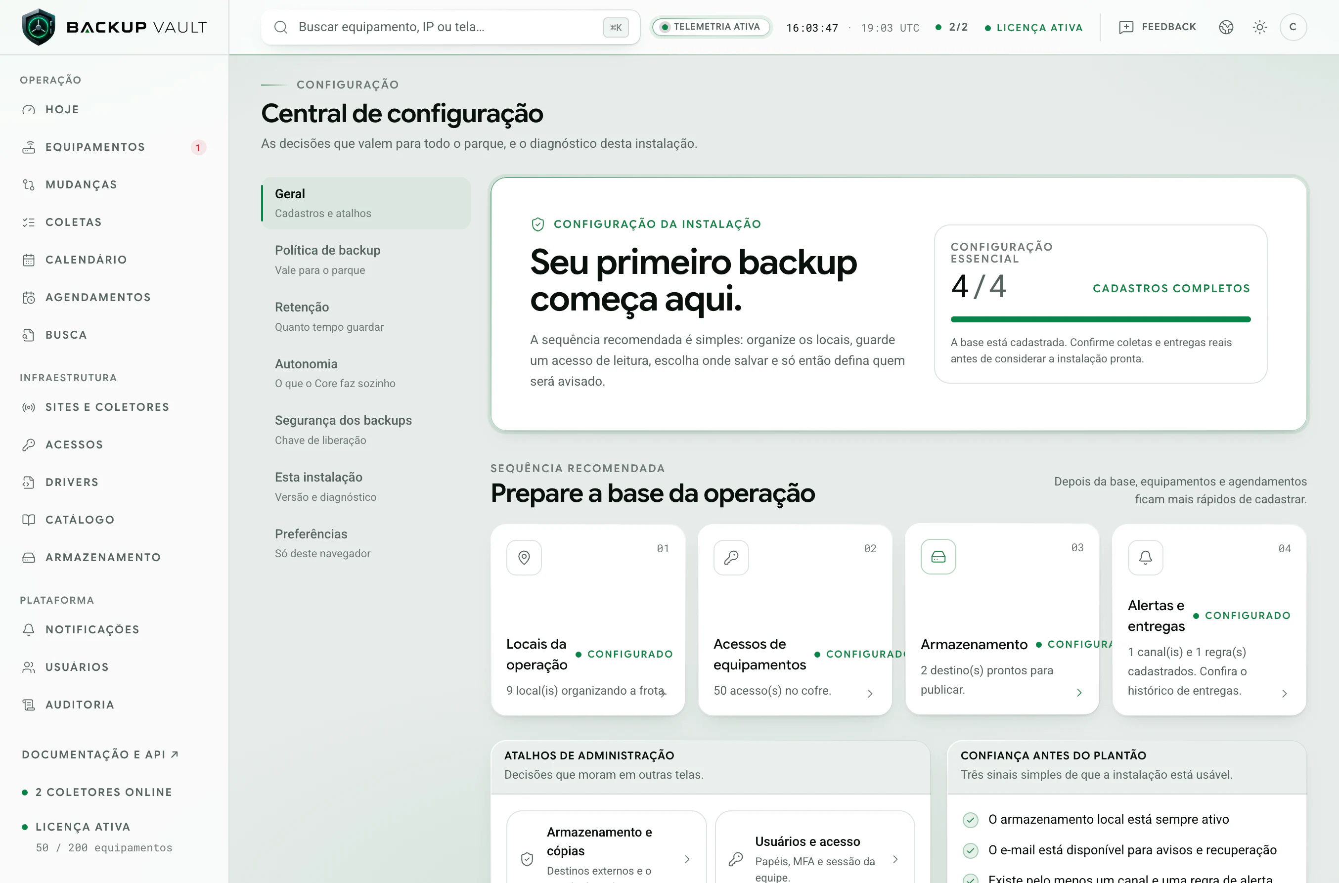 Backup Vault · Central de configuração · Visão geral