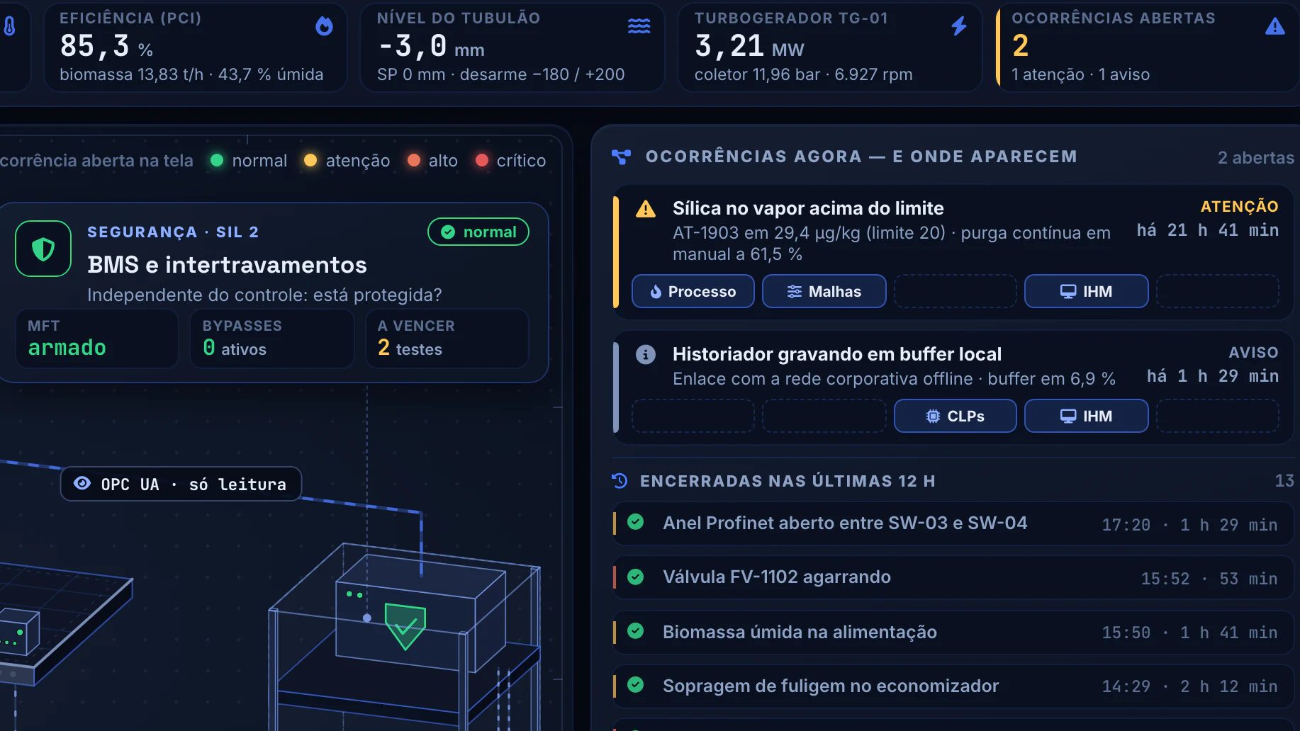 Automação da Caldeira a Biomassa · Menu da central · Ocorrências agora e o BMS