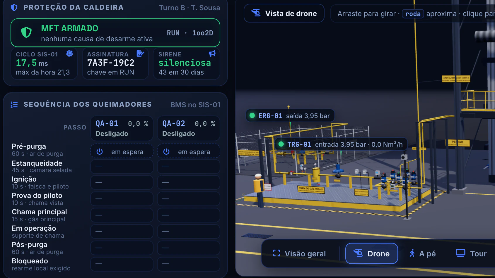 Automação da Caldeira a Biomassa · BMS e intertravamentos · MFT armado e sequência do BMS
