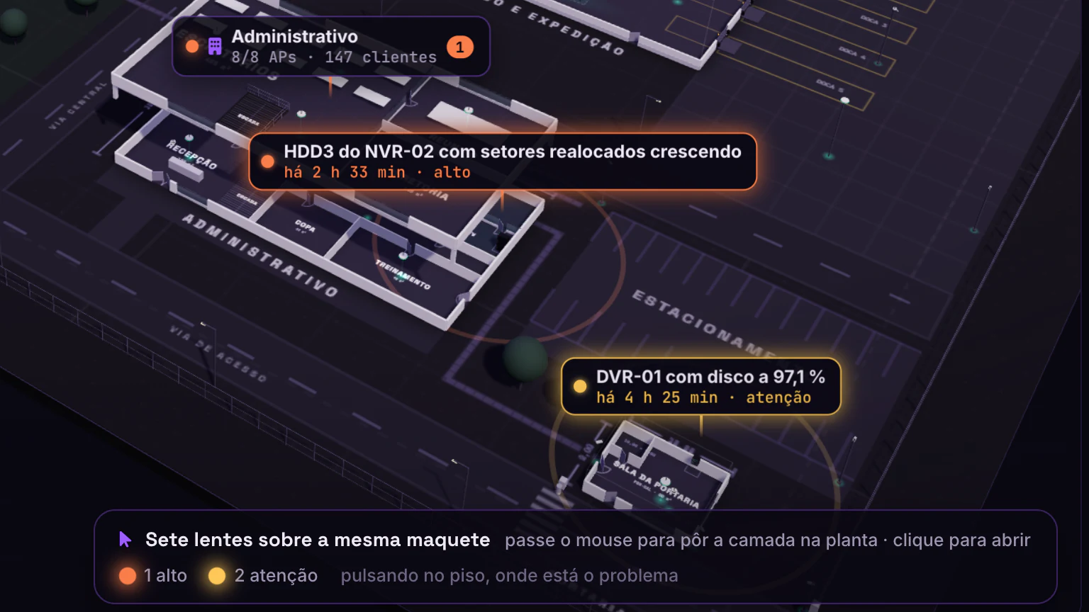 Planta Conectada · Menu das sete lentes · Os discos do NVR-02 e do DVR-01