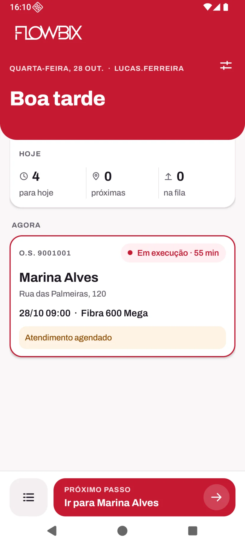 App de Instalação: Fotos, Testes e Laudo · A O.S. no celular · Agenda do dia