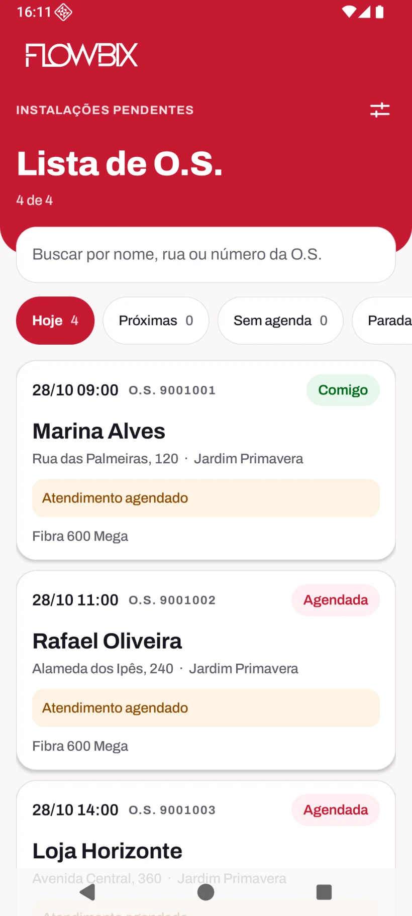 App de Instalação: Fotos, Testes e Laudo · A O.S. no celular · Lista de O.S.