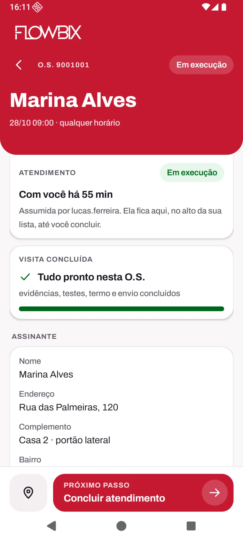 App de Instalação: Fotos, Testes e Laudo · A O.S. no celular · A O.S. assumida