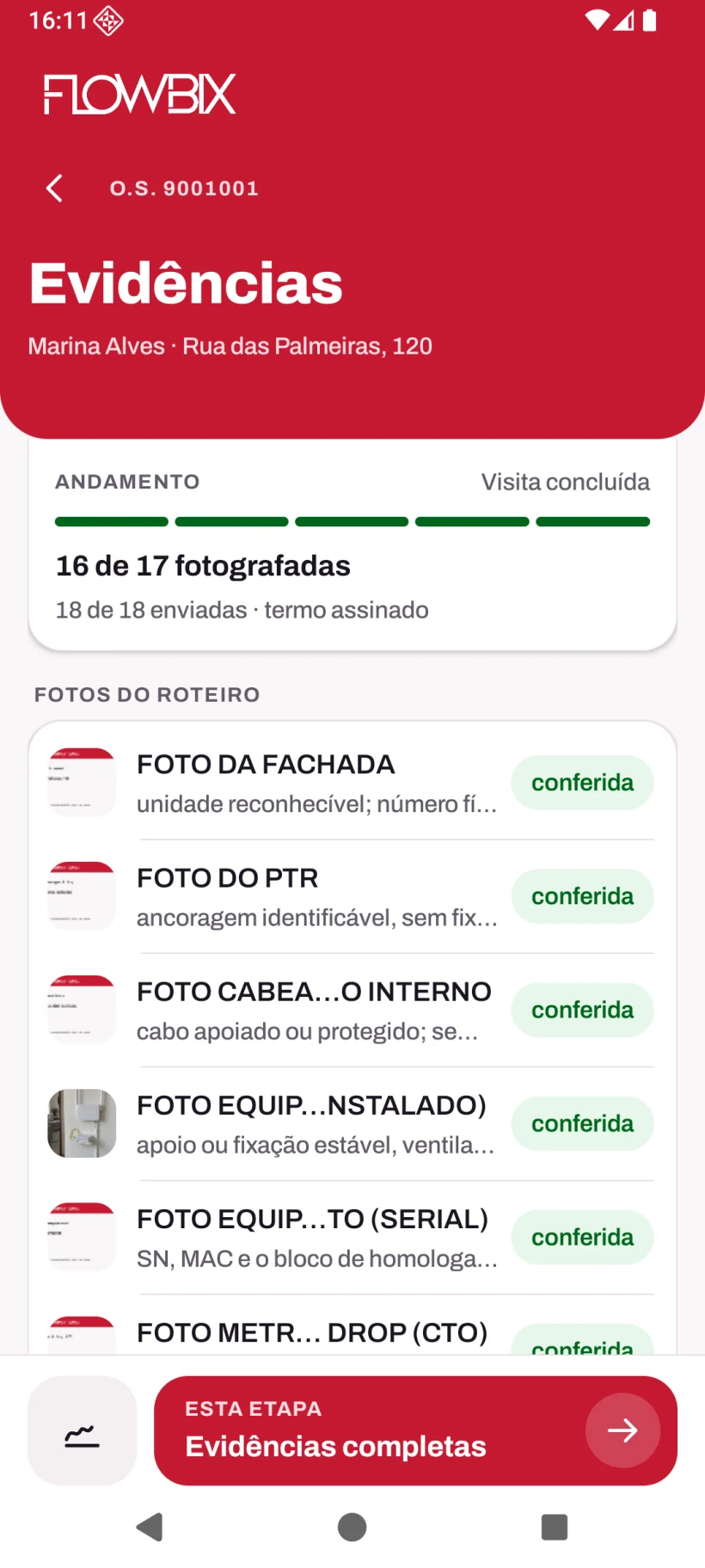 App de Instalação: Fotos, Testes e Laudo · Fotos conferidas pela IA · Roteiro de evidências