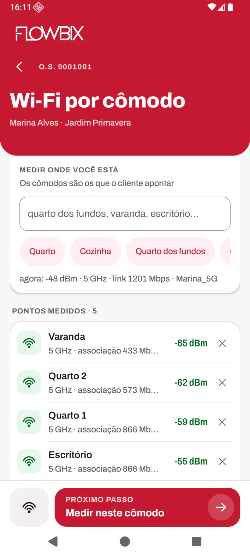 App de Instalação: Fotos, Testes e Laudo · Sinal, vazão e Wi-Fi · Wi-Fi por cômodo