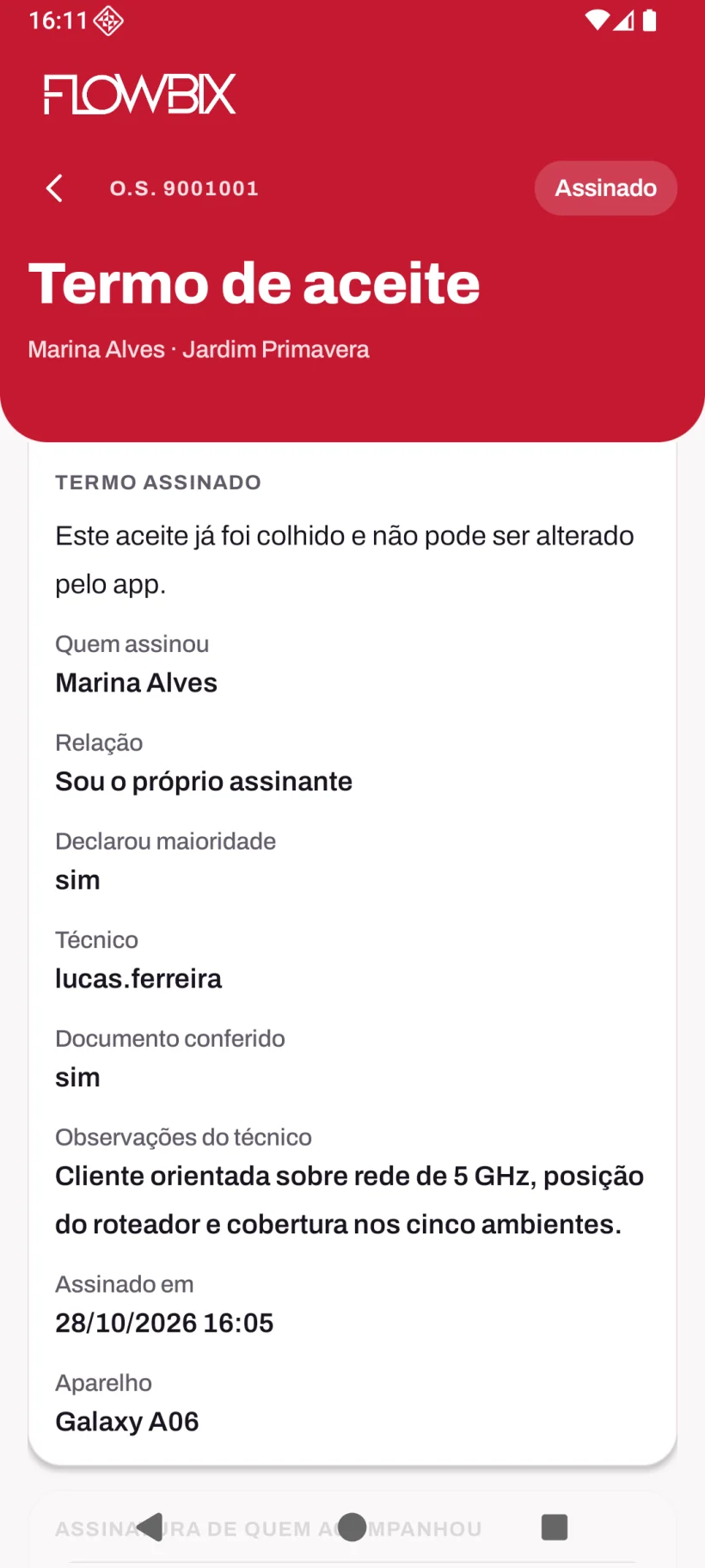 App de Instalação: Fotos, Testes e Laudo · Laudo e aceite · Termo de aceite