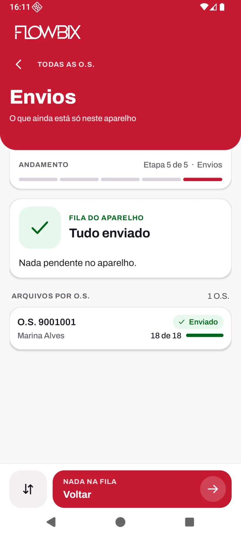 App de Instalação: Fotos, Testes e Laudo · De volta ao ERP · Envios