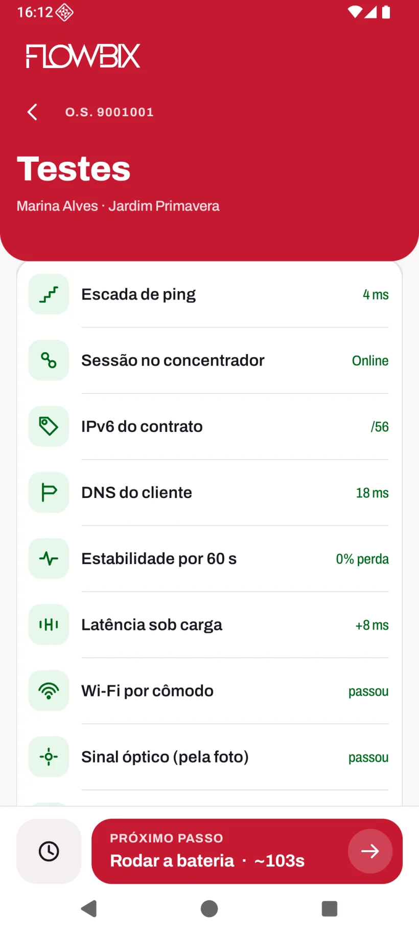 App de Instalação: Fotos, Testes e Laudo · A bateria de testes · Entram no laudo
