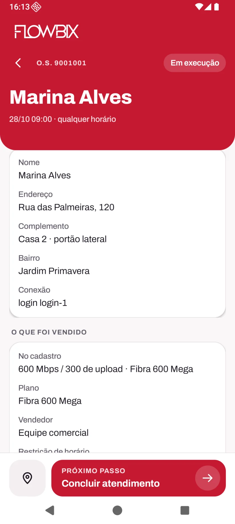 App de Instalação: Fotos, Testes e Laudo · A O.S. no celular · O que foi vendido