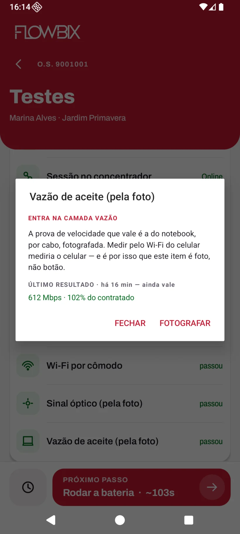 App de Instalação: Fotos, Testes e Laudo · Sinal, vazão e Wi-Fi · Vazão de aceite, pela foto