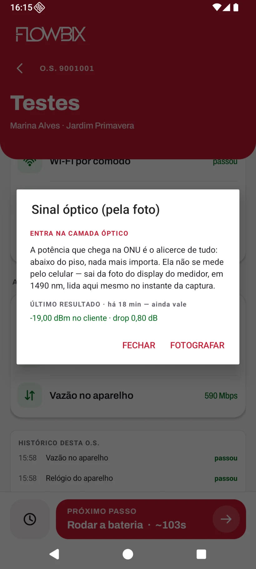 App de Instalação: Fotos, Testes e Laudo · Sinal, vazão e Wi-Fi · Sinal óptico, pela foto