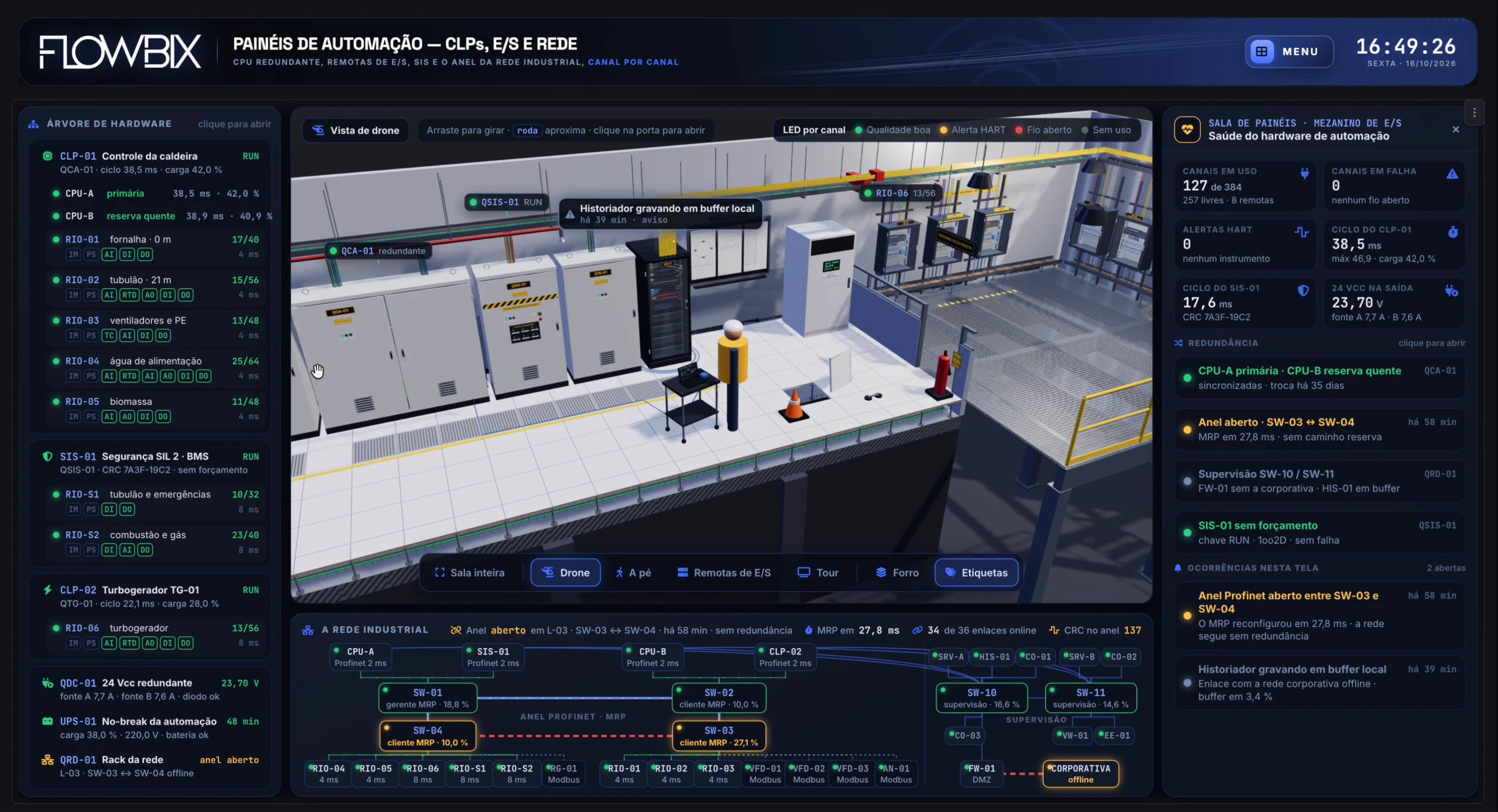 Tour 3D da Caldeira a Biomassa · CLPs, E/S e rede · O mezanino de E/S